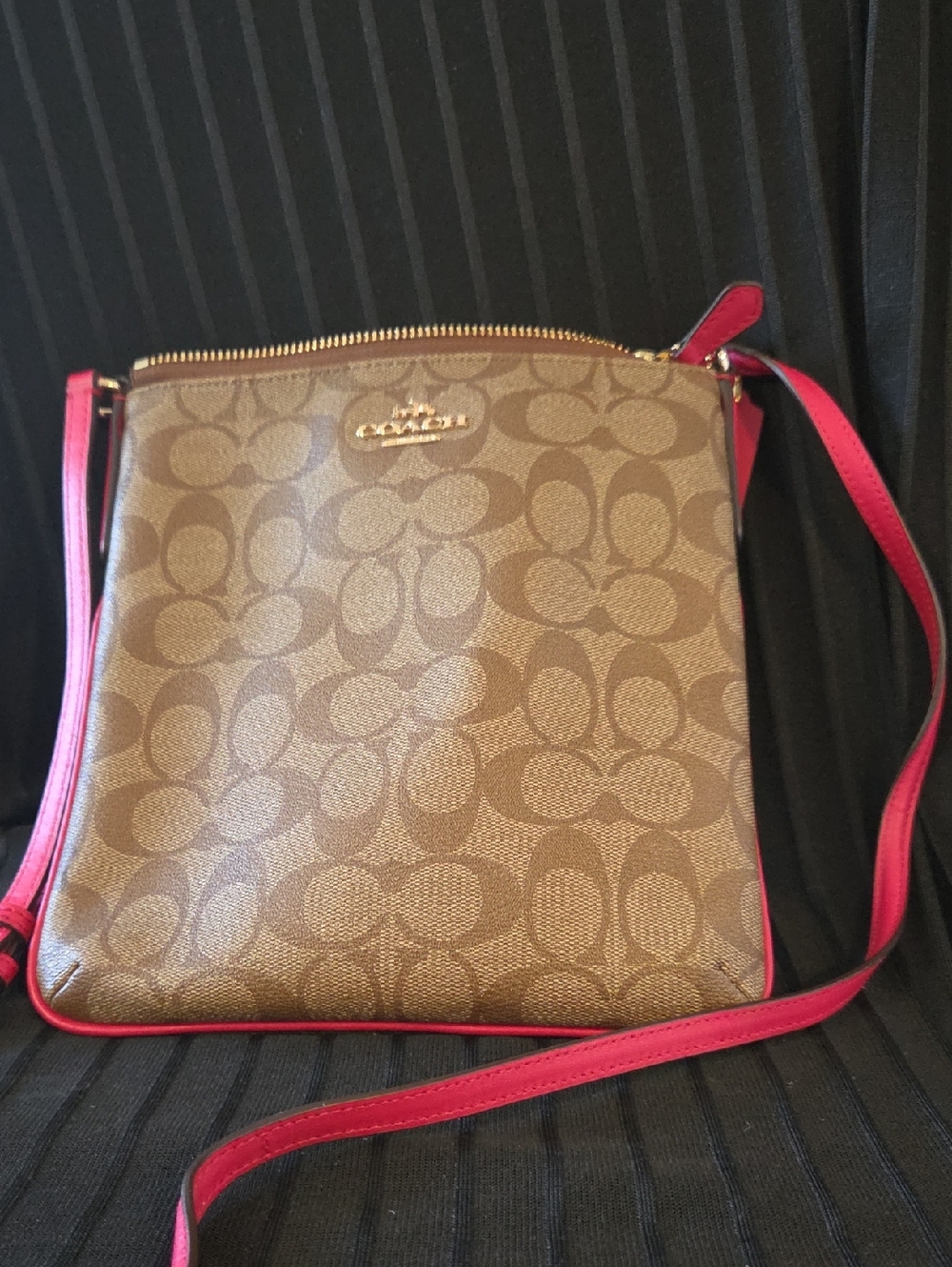 Coach Brown Signature Crossbody with Pink Trim